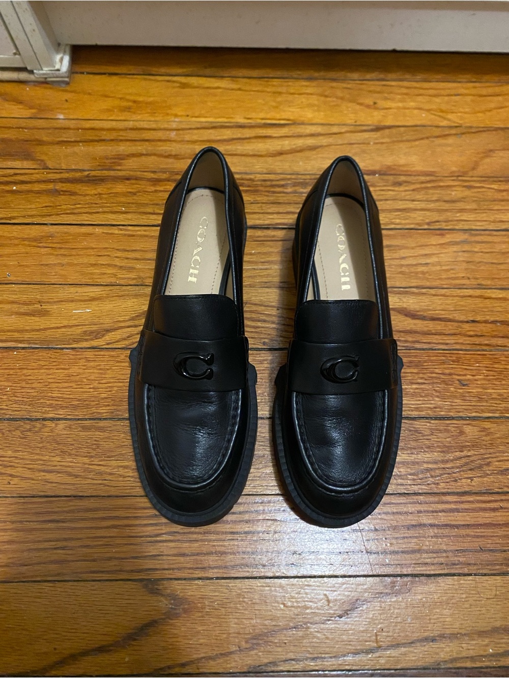Coach Black Leather Signature Bit Penny Loafers